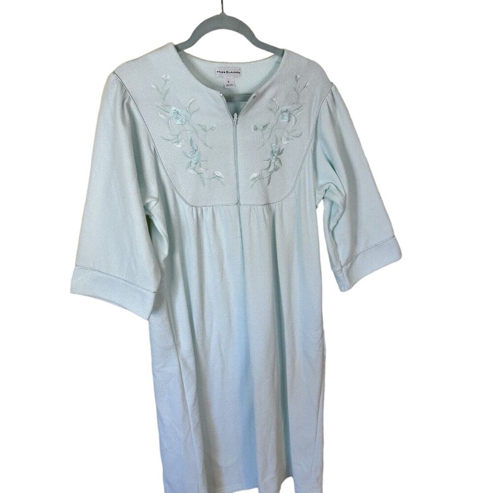 Miss Elaine Full Zip Womens Robe Size Small Mint Embroidered Long Sleeve Pockets